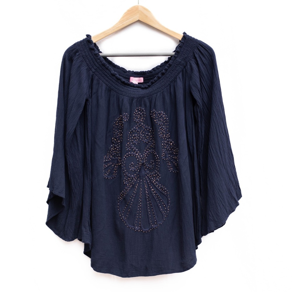 Lilly Pulitzer Nita Off The Shoulder Top Navy M Boho Blouse Bell Sleeve Beaded